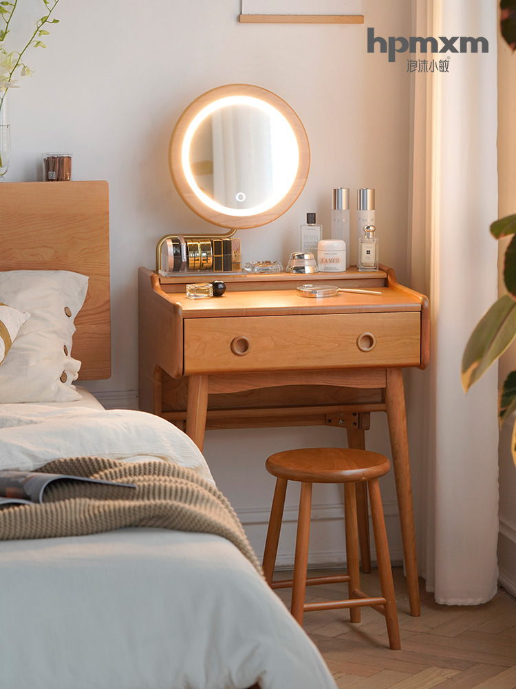 Nordic solid wood mini vanity table, INS-style small apartment, Japanese cherry wood bedroom makeup desk, small size