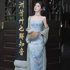 新中国式絶アメリカ風ブルー改良チャイナドレス女性2025新型若年スタイル気質ハイエンドストラップワンピース