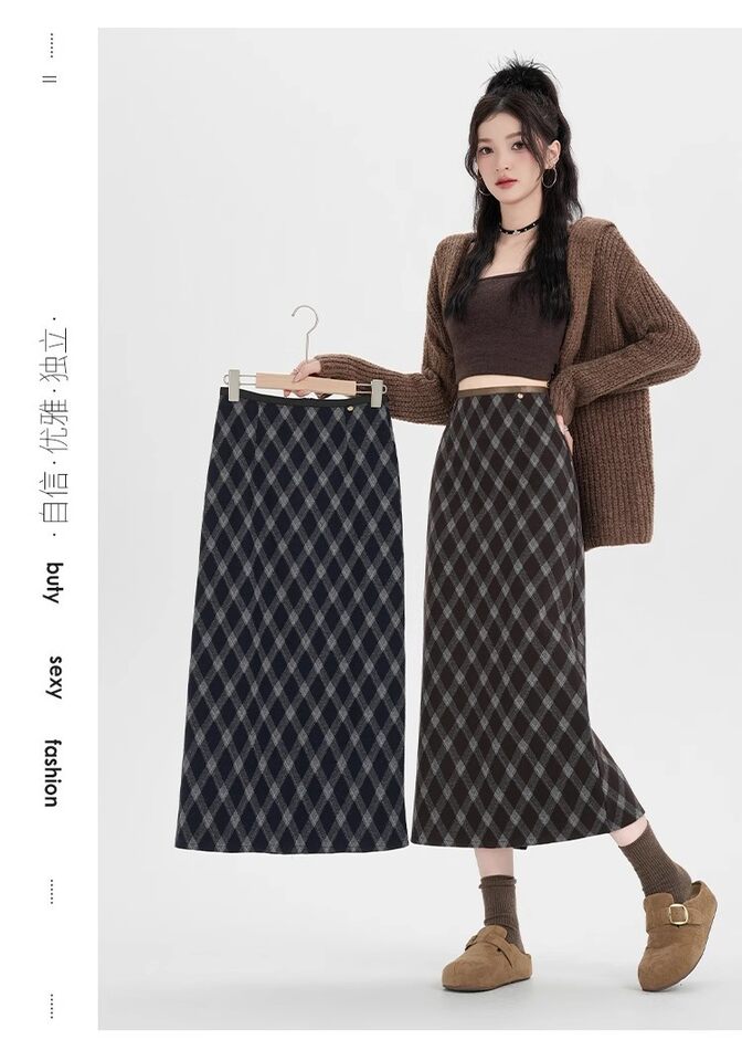 Chân váy len dáng A lưng cao họa tiết kẻ caro xẻ tà sau dài trung bình — Màu cà phê, màu xanh chi tiết 24