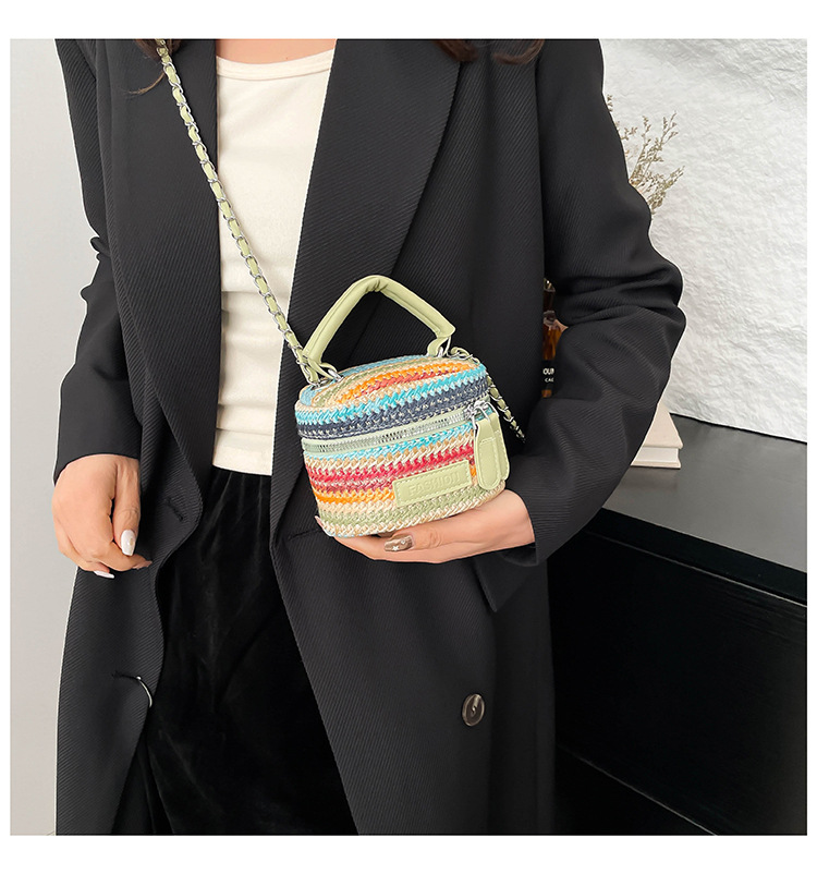 165g Weight Polyester Lining Material Weave Fashion Element Zipper Closure Type Top Handle, Chain Strap Type Crossbody Bag Bags Type Casual, Daily, Shopping Occasion Straw Material Multicolor Pattern Spring&Summer Season Women's Gender Vintage Style Style Cylindrical Shape Women's Straw Multicolor Vintage Style Weave Cylindrical Zipper Crossbody Bag 2