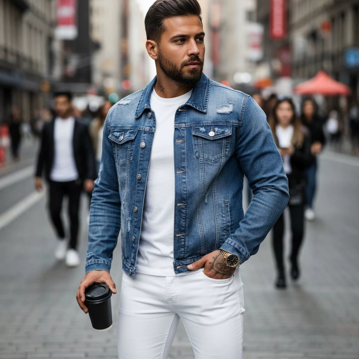 Veste en jean slim pour homme, idéale pour le printemps, en polyester légèrement extensible._voghion.com