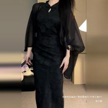 新中式国风改良旗袍连衣裙子女装2024新款夏季小个子黑色长裙套装