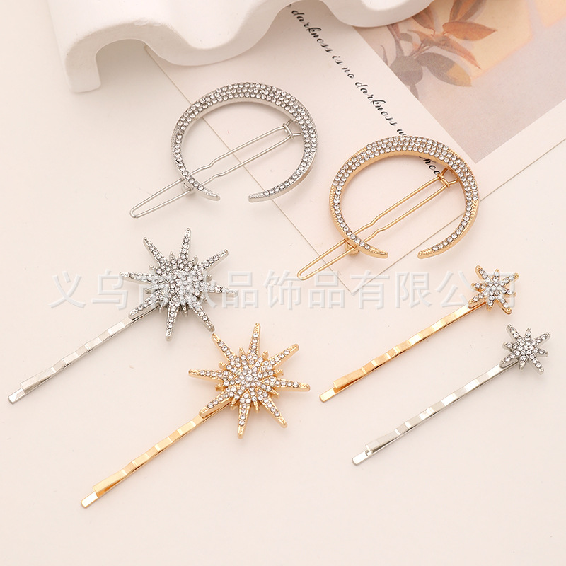 European and American Hot Selling Hair Accessories Set Combination Retro Geometric Diamond Hairpin Moon Sun Star Hairpin Full Diamond Side Clip
