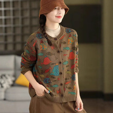 25新款卡通印花棉线针织外套秋季长袖单排扣毛衣外套女上衣