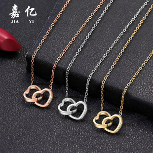 Stainless Steel Double Heart Necklace, Fashionable, Simple, Popular, Versatile, Niche Design, Can Be Engraved, Cross-border Hot Style