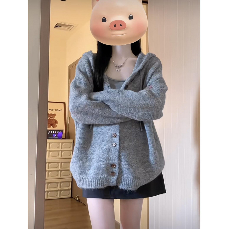 慵懒风开衫外套女灰色连帽毛衣秋冬季韩系穿搭oversize针织衫上衣|undefined