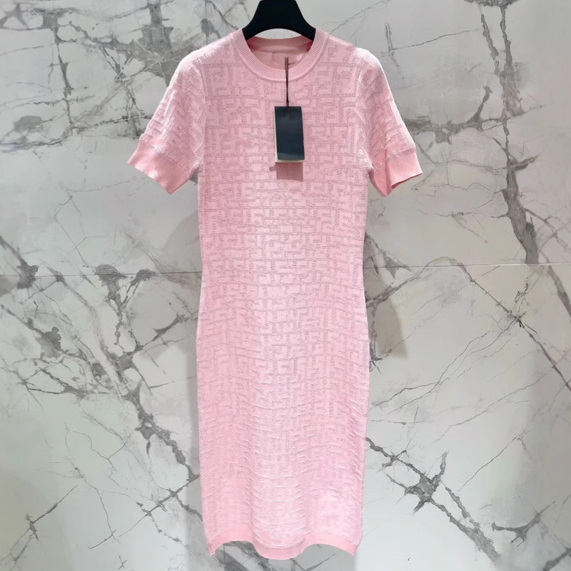 2025 Hollow-out Crewneck Summer Knitted Jacquard Elegant Short-sleeved dress Letter Slim-fit Slimming