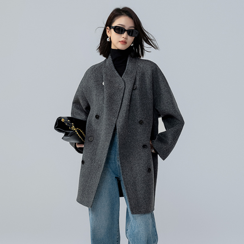 2024 Autumn/Winter New Stand Collar Double-Sided Cashmere Coat for Women, Mid-Length Cocoon-Shaped Alpaca Wool Woolen Trendy Coat