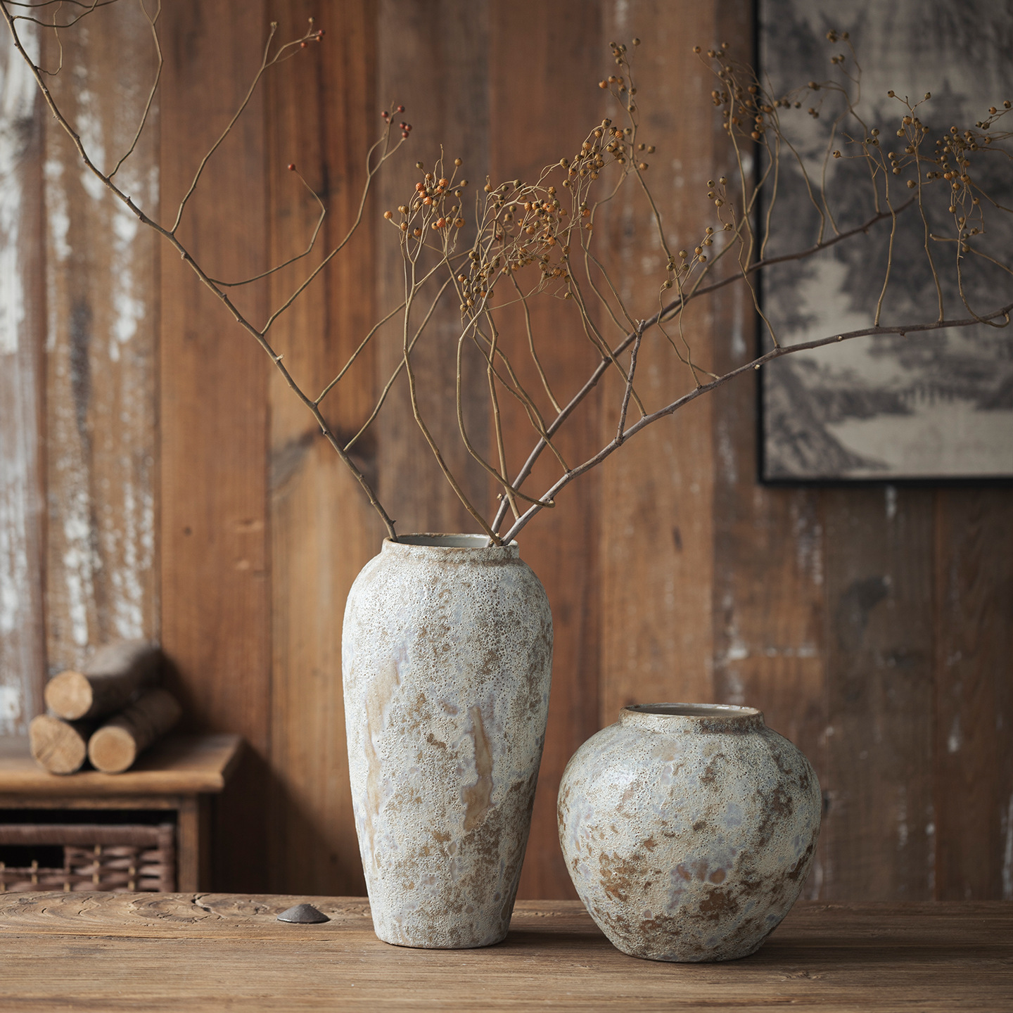 Jingdezhen se sorprendió por el silencio de la porcelana azul y blanca Zen jarrón de cerámica marrón claro moteado barro grueso jarrón de cerámica ambiente retro flores de arte image 5