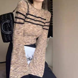 美式复古条纹针织衫女春秋修身短款毛衣内搭打底衫喇叭袖辣妹上衣