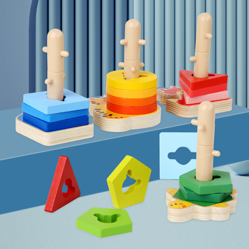Niños de madera geométrica forma de animal bloque de construcción columna bebé puzzle madero cinco pilares juguetes de madera al por mayor