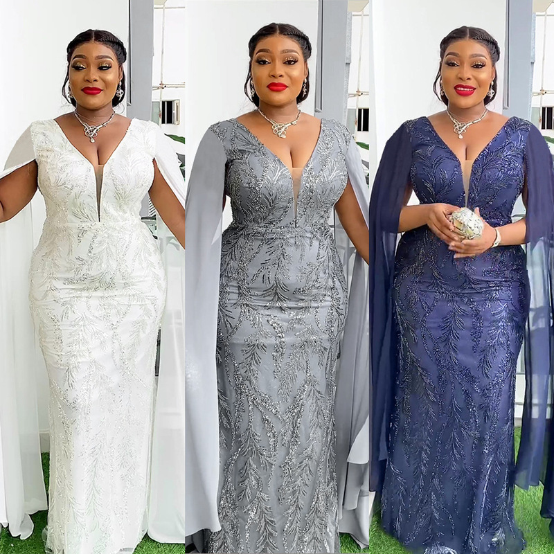 Cross-border Trade European and American Ball Evening Dress Long Skirt African plus size Women's AliExpress V-neck Bead dress