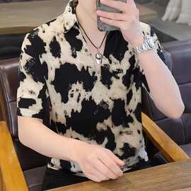 夏季V领短袖T恤男士韩版宽松青年印花POLO衫男款半袖冰丝休闲上衣