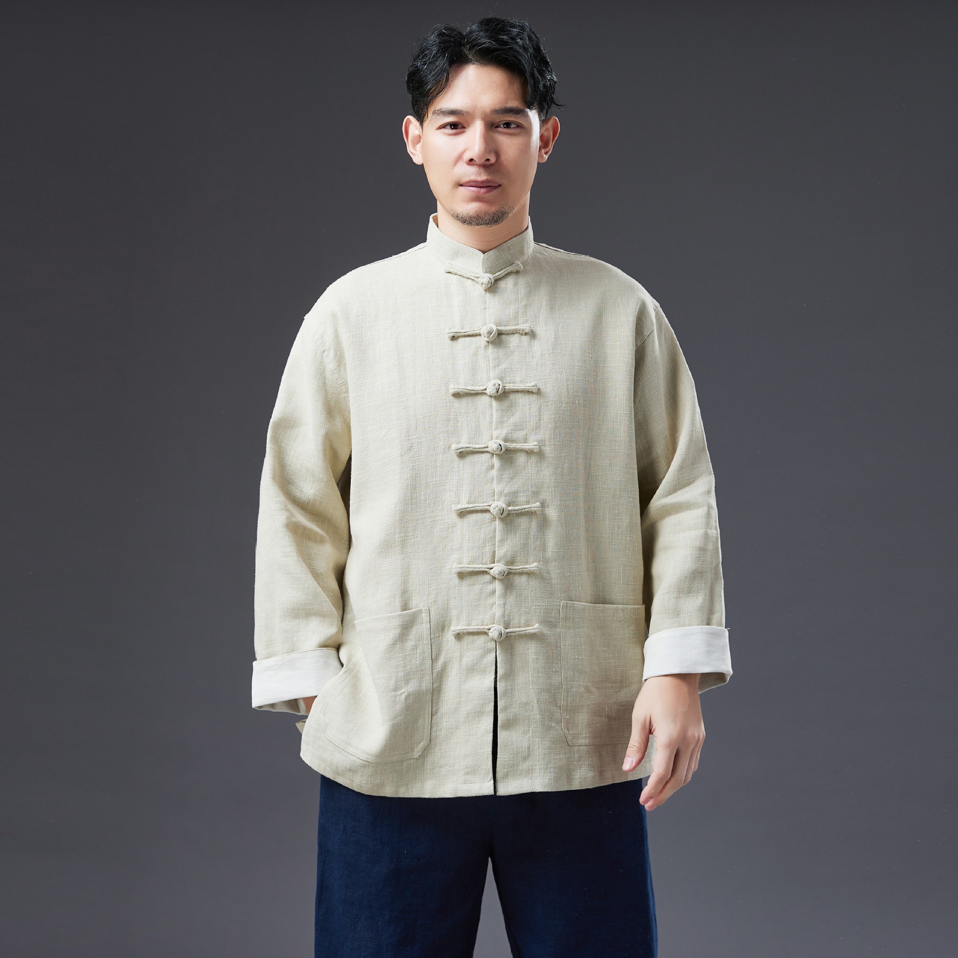 Spring New Arrival Ramie Men's Jacket Pair Shirt Chinese Style Loose Casual Collar Cardigan Top with Buckle