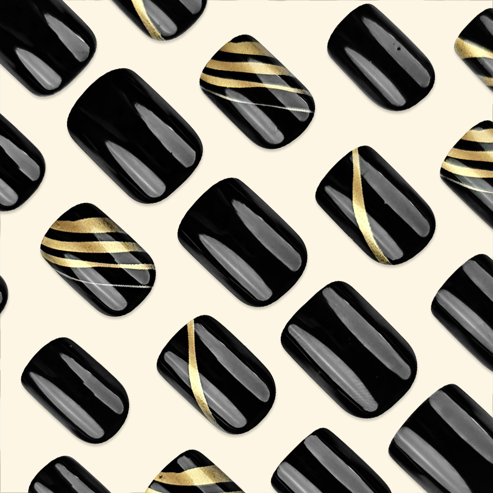 Ventas transfronterizas de líneas de oro negro manicuras retro estilo de alto rendimiento desgaste de uñas cortas 24 piezas empaquetadas parches de uñas terminados