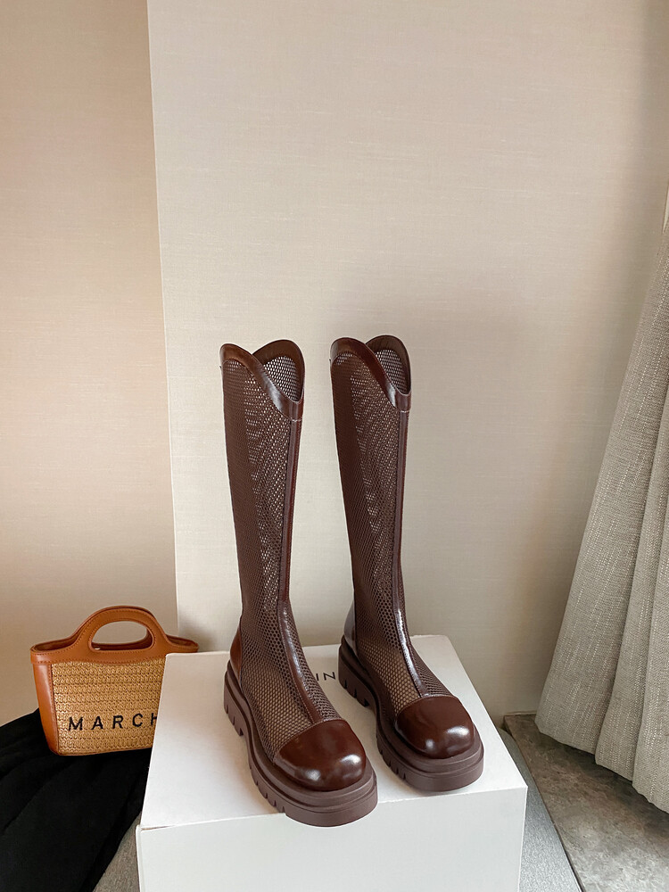 Boot nữ da lưới thoáng khí mùa hè, đế dày rỗng, ống rộng cho chân to — Màu nâu ống lớn, Màu đen cổ ống lớn, Ống nhỏ màu đen, Ống nhỏ màu be chi tiết 24