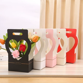 教师节纸质手提花篮镂空心形插花盒花店节日礼品盒花束鲜花包装盒