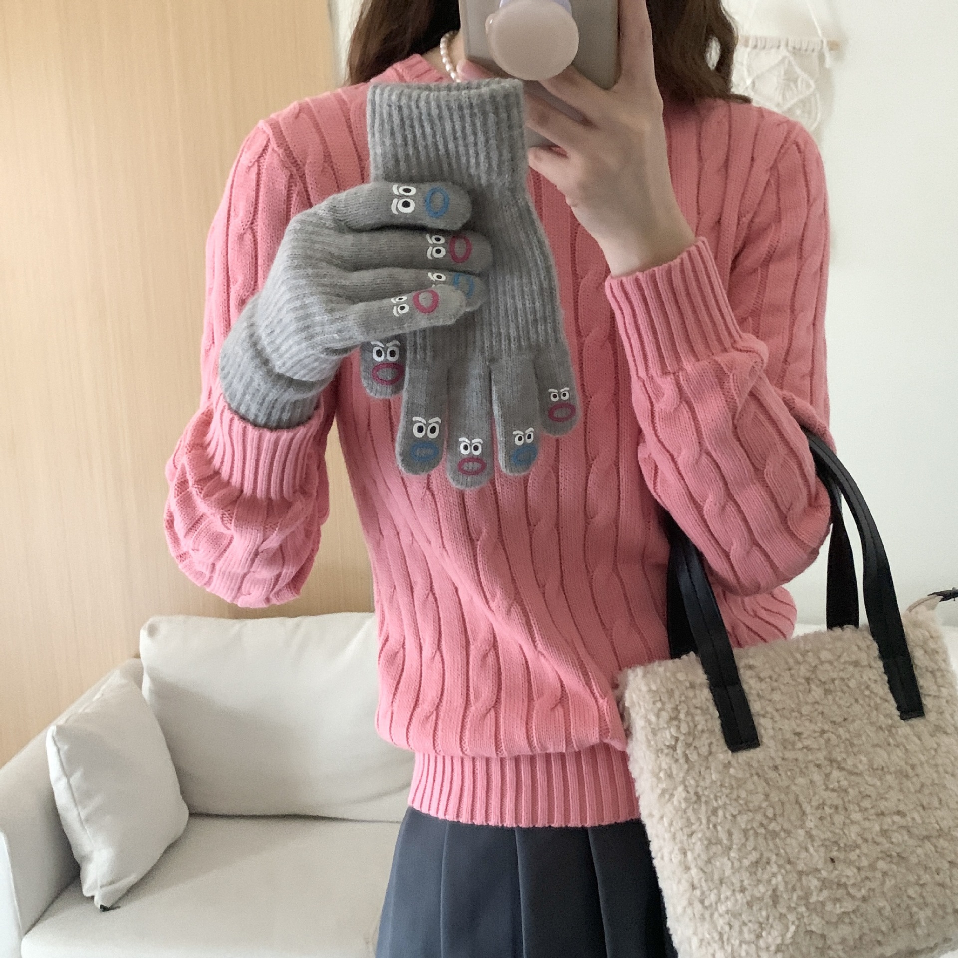 Expresión facial abierto dedo agujero guantes cinco dedos lindos guantes coreano grueso lana ciclismo cálido guantes de punto Otoño e Invierno