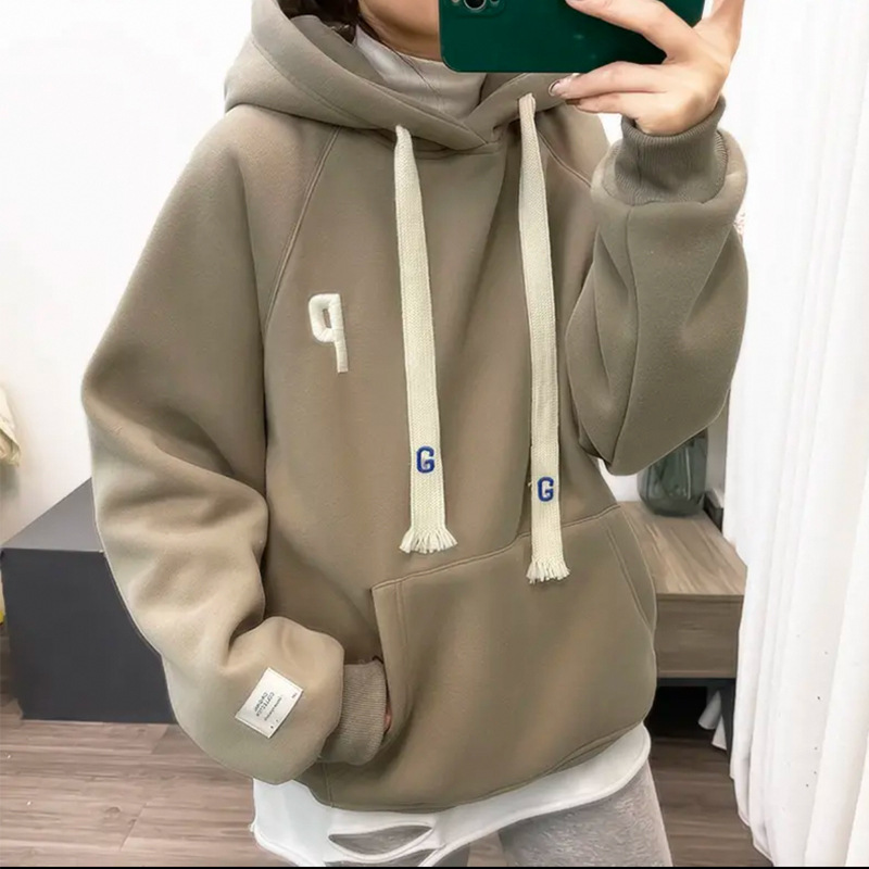 두꺼운 기모 스웨터 여성의 가을과 겨울 새로운 느슨한 슬리밍 후드 따뜻한 탑 캐주얼 외부 착용 두꺼운 후드