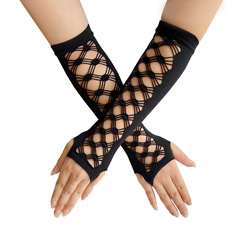 Vintage Fingerless Gloves with Long Straight Fingertips, Openwork Crosshatched Mesh Elastic Gloves for Lolita and Punk