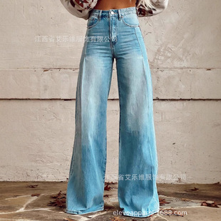 Independent Station Xiyin Aliexpress European and American New 3D Heat Transfer Bell-Bottom Pants Simulated Denim Fabric Pants Loose Pants