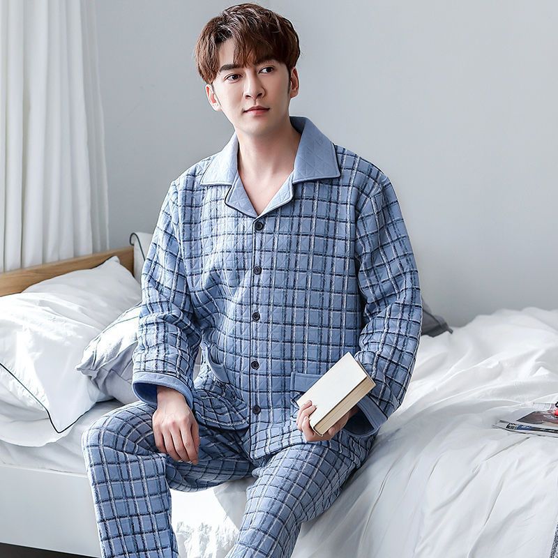 Pijama de hombre otoño y invierno engrosado aire de algodón de manga larga mezclado juvenil de mediana edad caliente primavera y otoño set de ropa de algodón casero