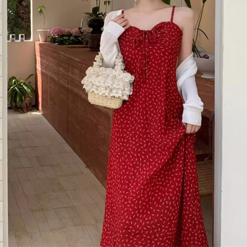 Summer Korean Pure Desire Red Floral Tank Top Dress French Vacation Slimming Elegant Long Dress for Women
