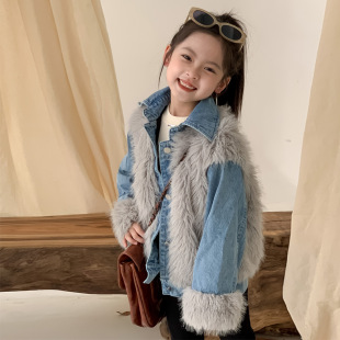 Children's Parker Clothing Trendy Children's Wear 2023 Winter New Girls' Faux Fox Fur Stitching Denim Fur Thickened Coat