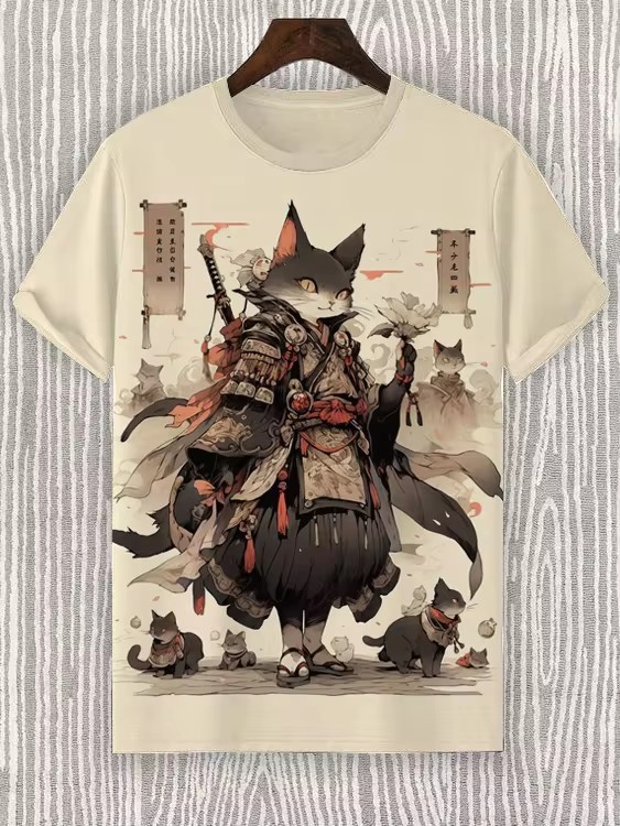 Tinta Jianghu Cat Dog Hero 3D Impresión digital Spot Moda callejera para hombres Camiseta de manga corta con cuello redondo y hombro