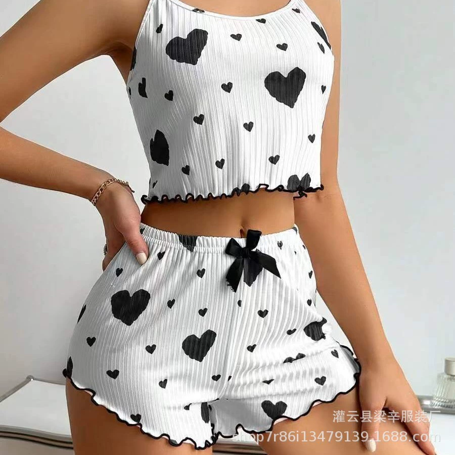 Пижамный комплект шорт летом милый, женский европейский стиль, эффект подтяжки высокой талии, принт в виде сердца