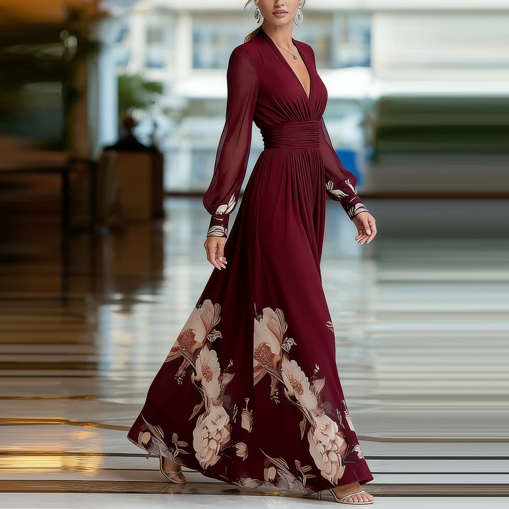 Robe longue printanière à empiècements en maille, coupe ajustée, style français, pour femme. Robe maxi imprimée polyvalente._voghion.com