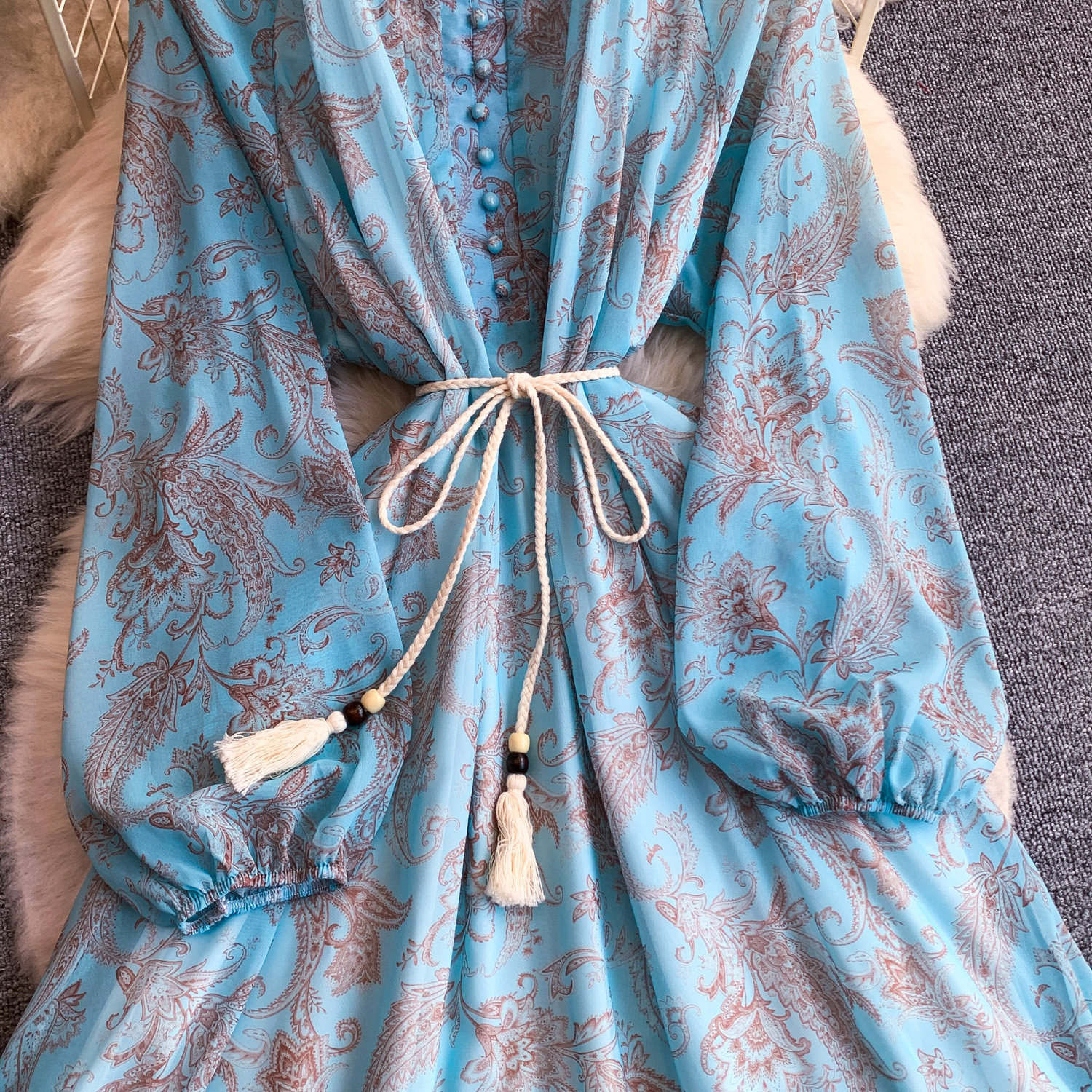 Elegant French Style Long Sleeve Dress Ruffled Collar Rope Waist Cinching Chiffon Printed Maxi Summer Retro Dress_ecoleips.com