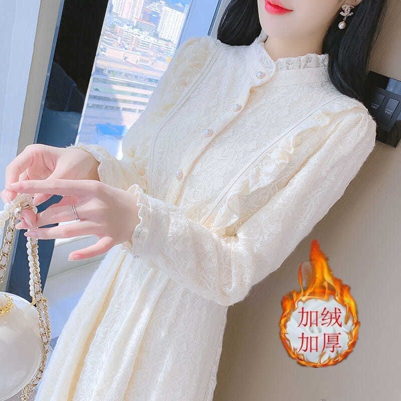 Winter Velvet Lace Dress Women's Autumn and Winter New French Long Skirt Elegant Bottoming Inner Skirt