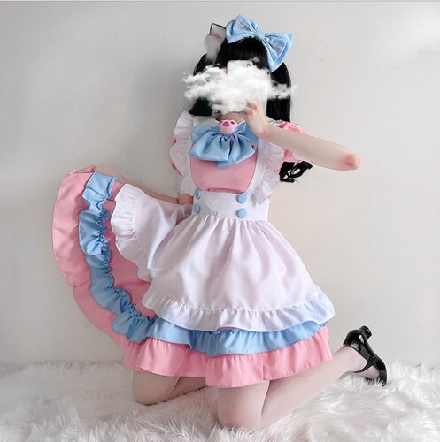 S-4XL plus size maid outfit, super cute big bow Lolita dress, women's clothing boss pink and blue cute dress