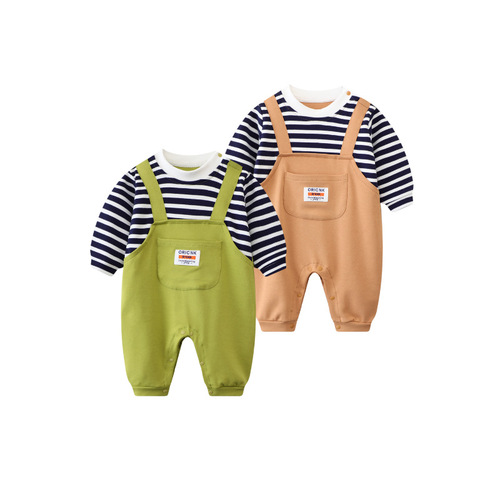 Ins baby onesie striped shoulder straps Korean version faux two-piece spring and autumn long-sleeved baby crawling suit casual outdoor clothes