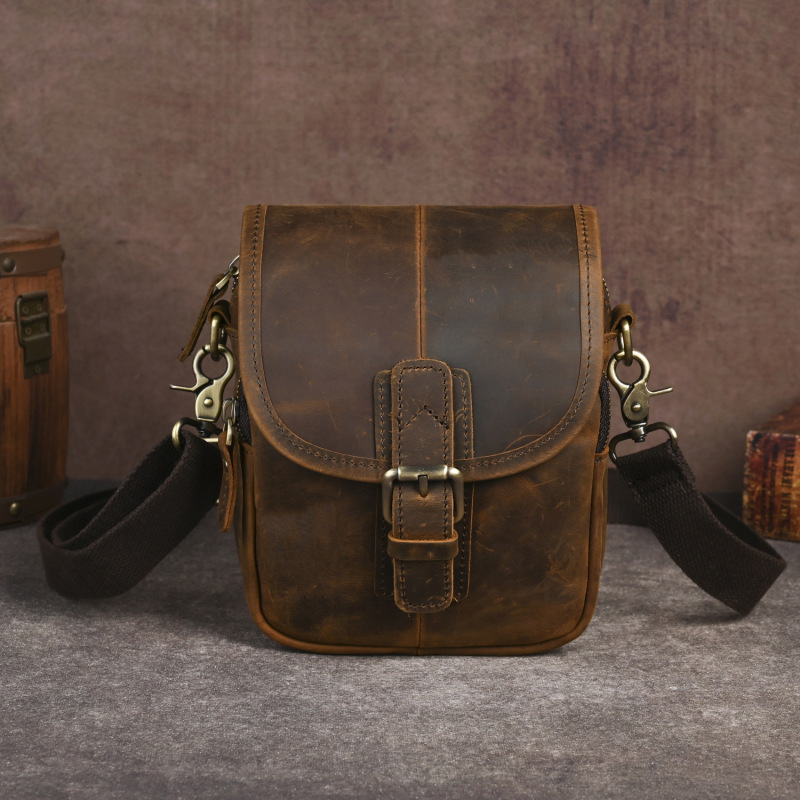 First-Layer Crazy Horse Leather Cowhide, In-Stock Fast Shipping, Foreign Trade Men's Vintage Mobile Phone Camera Outdoor 7inch Small Waist Bag 1168