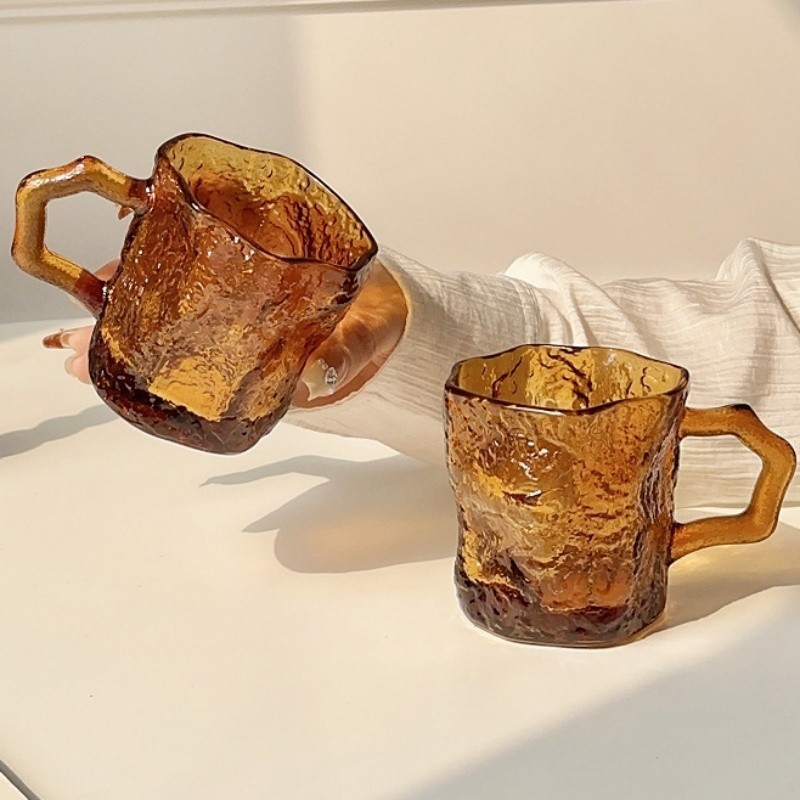 ins風琥珀帶把冰川玻璃杯高級感家用飲料杯咖啡杯冷飲杯喝水杯子