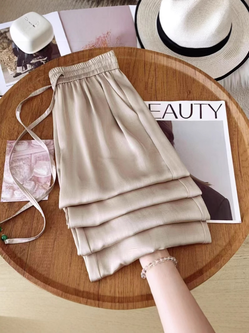 Pantalones anchos de satén de ácido acético chino de estilo fino de verano para mujer, pantalones casuales de cintura alta sueltos rectos 2025 explosivos