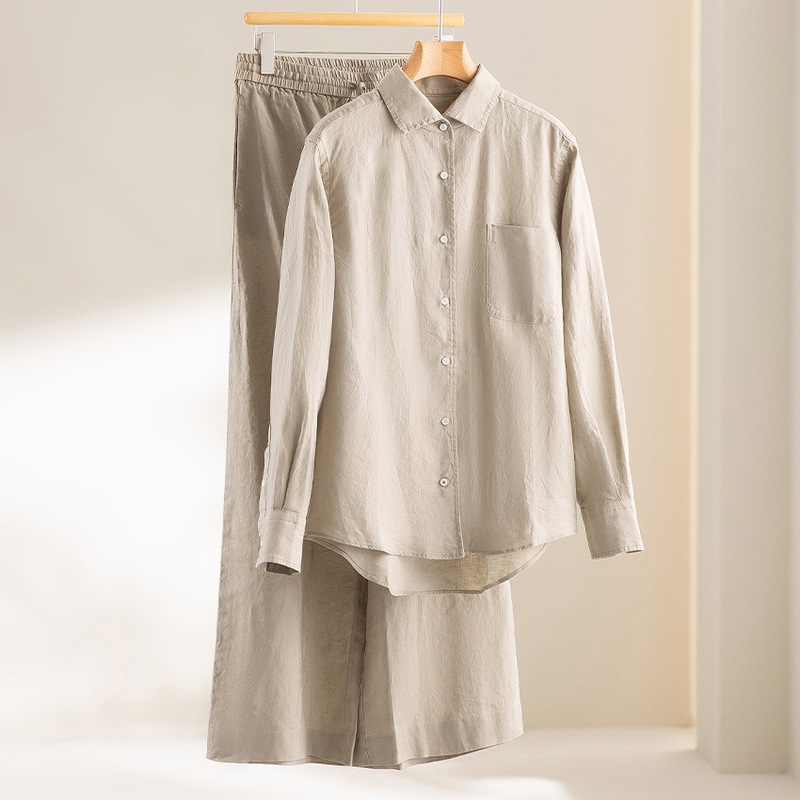 Lp Same Style Pure Linen Shirt Jacket Women's Loose Elastic Waist Wide Leg Pants Two-Piece Set Slimming Look Women's Spring & Fall New Style