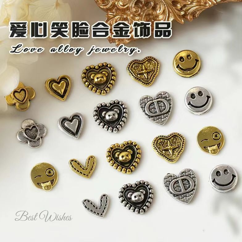 Alloy Nail Art Accessories Cartoon Bear Smiling Face Crooked Heart Diamond Retro Three-Dimensional Texture Nail Decoration Manufacturer Direct Delivery