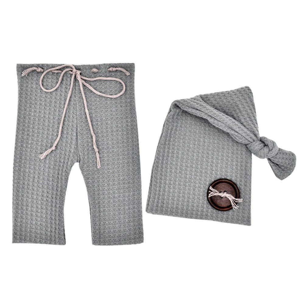 Recién Nacido fotografía pantalones longitud cola sombrero dos piezas traje Bebé Pantalones de punto con botón de madera anudado sombrero fotografía traje