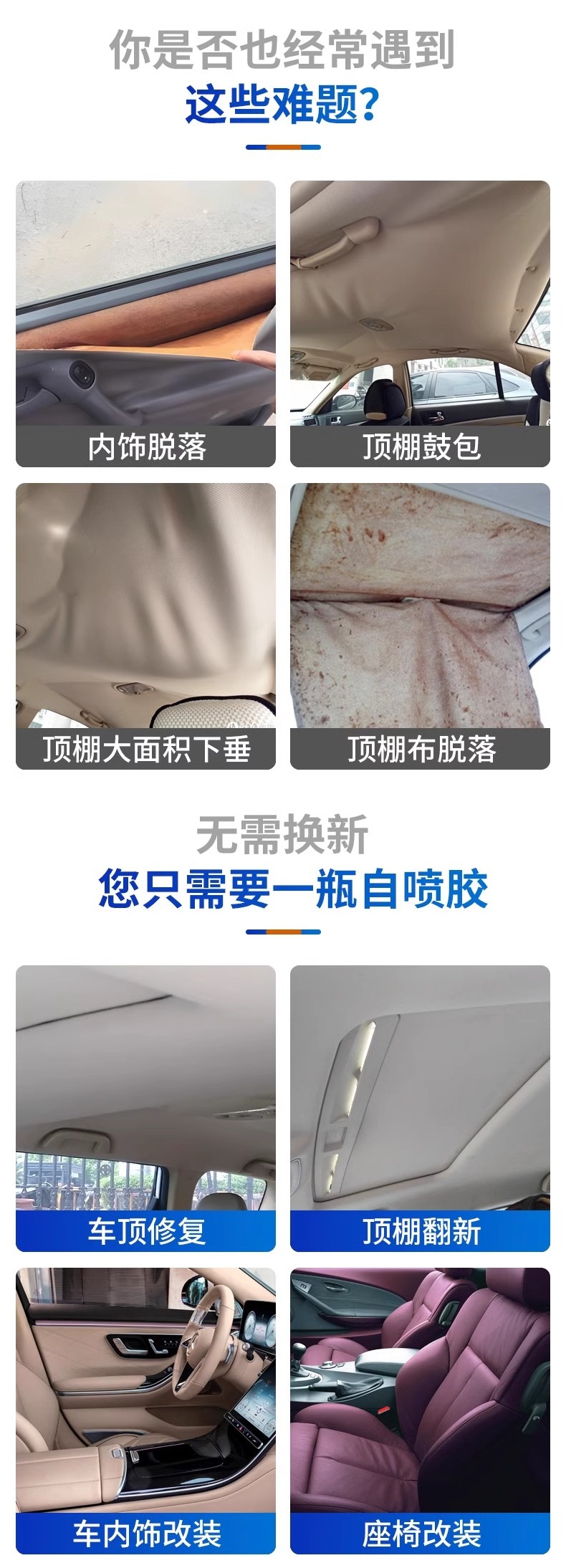 Special Adhesive for Repairing Car Headliner Fabric Detachment, No Need to Dismantle the Roof Fabric, Self-Adhesive Spray Glue for Modification and Renovation, Clips