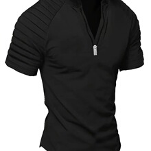 2025 跨境欧美男装ins夏季休闲短袖POLO衫拉链打褶男士运动马球衫