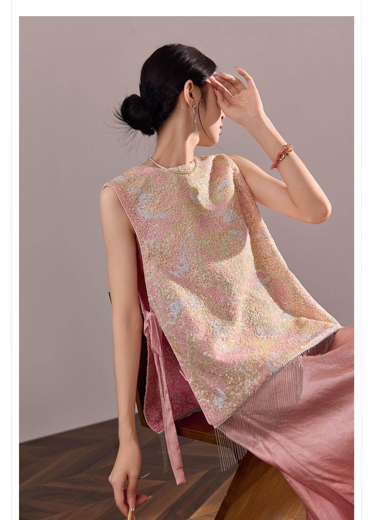 Áo vest gile nữ hai mặt phối ren đính cườm phong cách Trung Hoa mới mùa hè N2078 — Phối màu [mặc hai mặt] chi tiết 2
