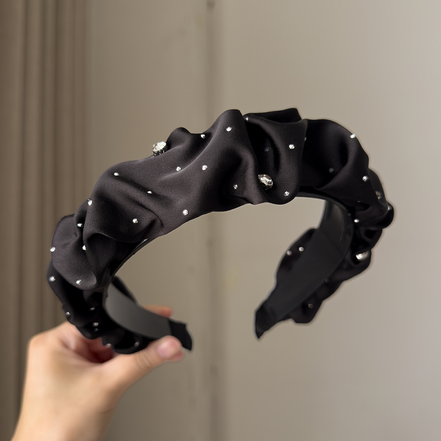 Black satin pleated rhinestone embellishment
