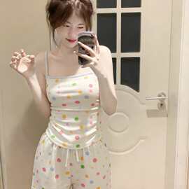ins韩系彩色波点吊带睡衣女2026夏季带胸垫甜美可爱家居服两件套
