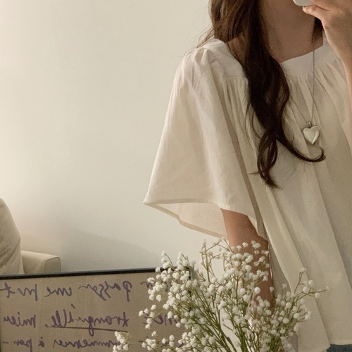 South Korean chic style niche pleated square neck short sleeve loose large bell sleeve short shirt top