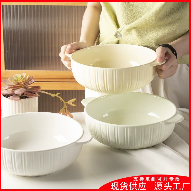 Both ear creative extra large sauerkraut fish bowl 2024 new home ceramic large capacity vertical lines simple soup soup pot
