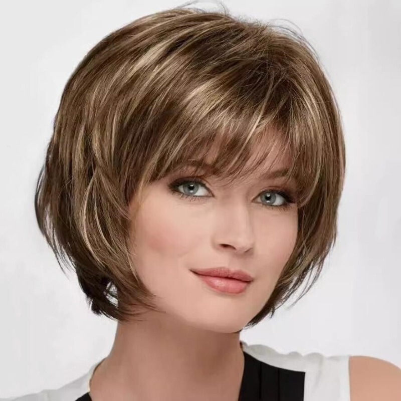 European and American Cross-Border Export Women's Short Wig Fluffy Oblique Bangs Brown Wig Factory Direct Sales Chemical Fiber High Temperature Silk