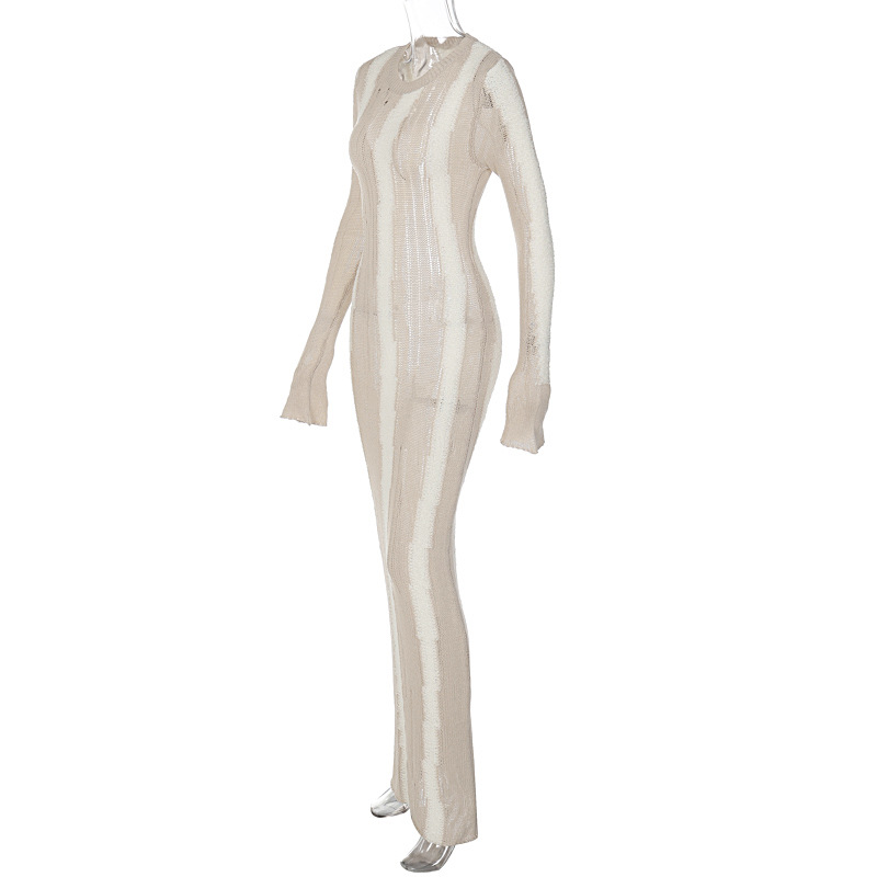 Autumn Super Dress Sexy Solid Color See through Micro Pull Long Sleeve Comfortable Woolen Dress for Women